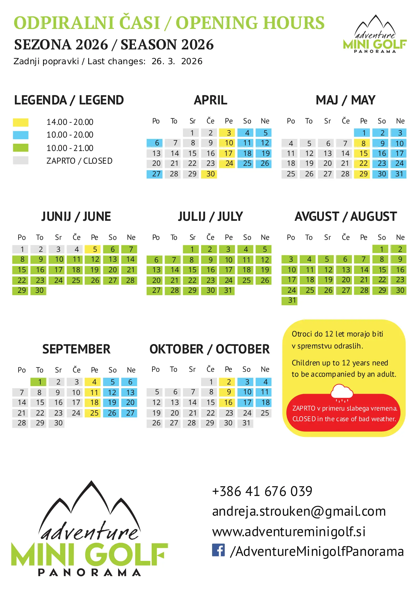 Opening hours for 2026 / Odpiralni časi za 2026